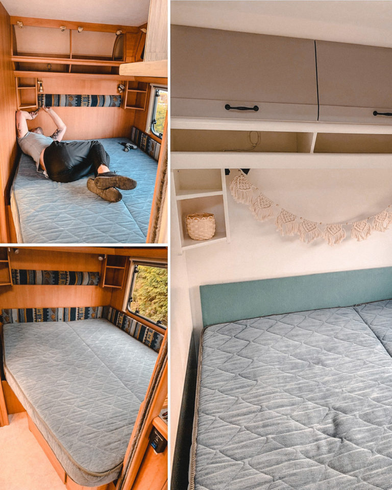 Wohnwagen Schlafzimmer vor der Renovierung mit dunklen Holzschränken und nach der Renovierung in weiß grau